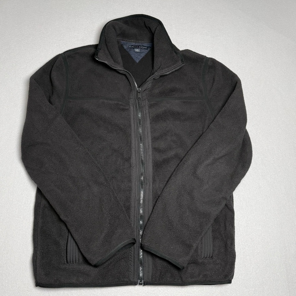 Tommy Hilfiger Mens Black Fleece Jacket Medium M Full Zip Pockets Mock Neck Warm